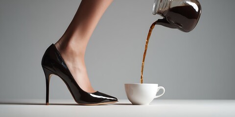 Stylish Woman's Legs Wearing Heels Spilling Coffee Stream into Waiting Cup
