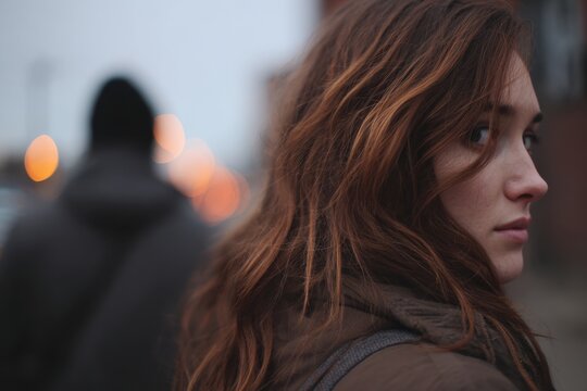 Vigilance in the City: A woman with long wavy hair casts a wary glance over her shoulder, her expression mirroring the subtle urban environment, her gaze capturing vulnerability and resilience.