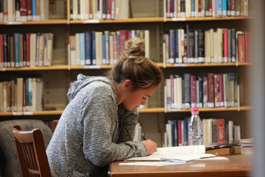 Reading and contemplation in the library: A young woman diligently studies at a library desk, surrounded by the wisdom of countless books, the essence of quiet intellectual pursuit.