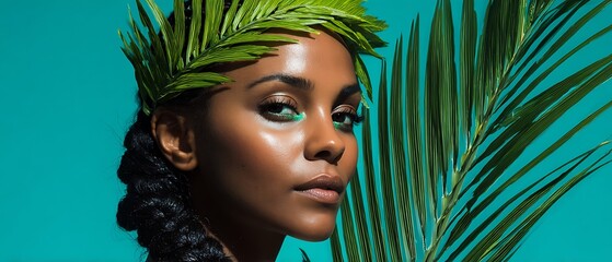 Beautiful Woman Adorned in Palm Leaf Crown Braided Hairstyle Bold Summer Vibe
