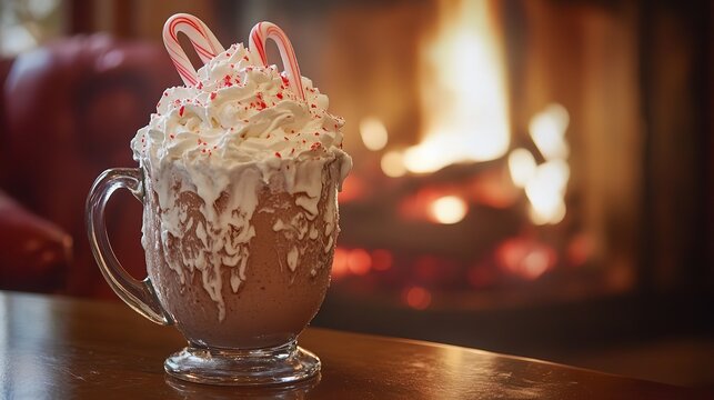 Delicious hot chocolate with whipped cream and candy canes by a cozy fireplace for the holidays