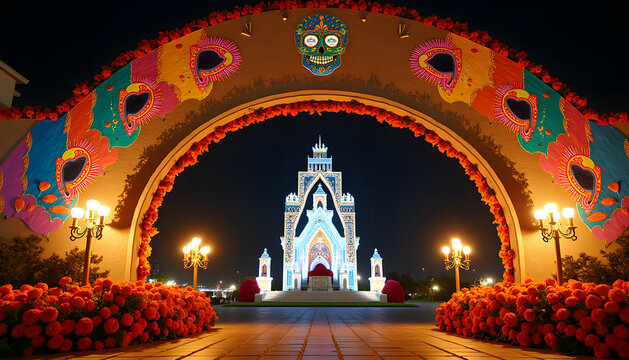 Dia de los Muertos Archway and Altar at Night with Colorful Decorations - Powered by Adobe