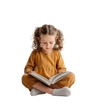 Adorable little Caucasian girl sitting on floor reading open book, isolated on white or transparent background