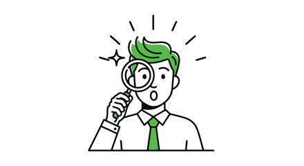 Fototapeta premium Vector illustration of man with green hair looking through a magnifying glass with a surprised expression