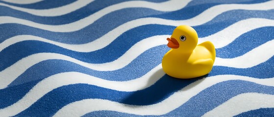 Cute Yellow Rubber Duck Toy on Artistic Blue and White Wave Stripes
