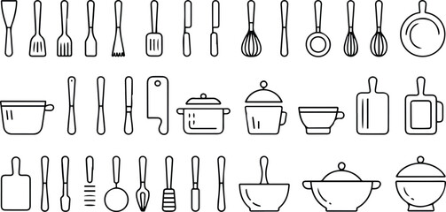 Large collection of kitchen utensil and cookware line icons for cooking isolated vector illustration