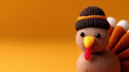 photo of a felt turkey with cute eyes and a hat on an orange background, top view for a happy thanksgiving day banner. web banner with a yellow color background, with space in the middle. 