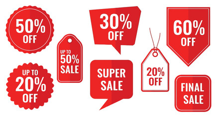Vector illustration of collection of red sale tags and stickers with various discount percentages like 50 off, 30 off, 60 off, and final sale