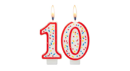 Two lit birthday candles, in the shape of the number ten with colorful sprinkles, PNG isolated on white or transparent background