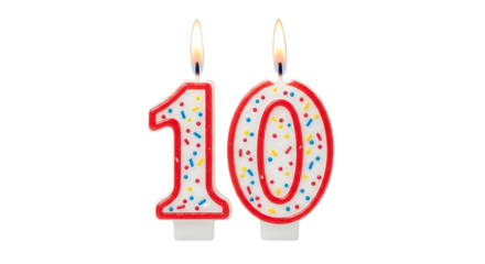 Two lit birthday candles, in the shape of the number ten with colorful sprinkles, PNG isolated on white or transparent background