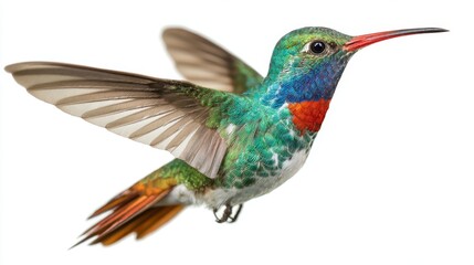 Obraz premium A colorful hummingbird hovers in the air displaying brilliant feathers and intricate details.