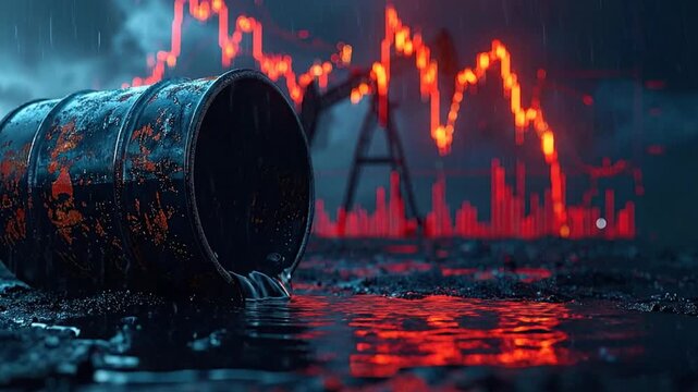 Dramatic scene of a fallen oil barrel spilling dark crude onto wet ground, juxtaposed with a crashing stock market graph, illustrating a severe energy sector downturn and global economic crisis