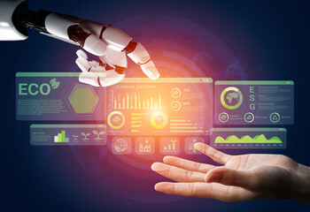 AI analyzing ESG and sustainability metrics for businesses, visualizing carbon reduction goals and environmental performance indicators Parse