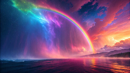 Dazzling cosmic rainbow arcs over tranquil ocean waters reflecting vibrant nebula clouds and distant mountain silhouettes at twilight