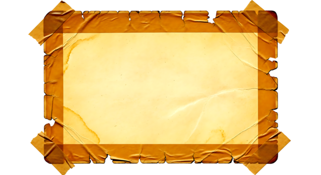 Ancient parchment scroll with torn edges and golden tape blank space for text isolated on black background vintage document