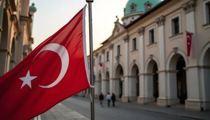 Turkish flag waving in front of a historic building in the city