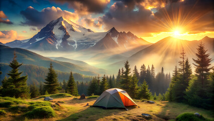 Beautiful sunrise over mountain campsite with tent in forest. Perfect for themes of tourism, hiking, outdoor adventure, and nature exploration.