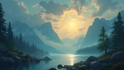 serene mountain lake landscape with sun and clouds