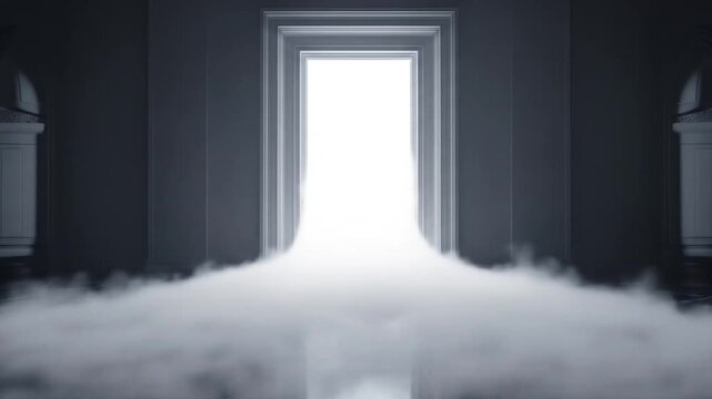 Mysterious Glowing Doorway with Fog in Dark Room, Epic cinematic doorway concept with fantasy and