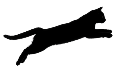 Black cat, mid-leap with glowing yellow eyes and fluffy tail, PNG isolated on white or transparent background