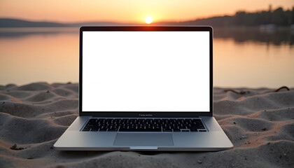 Laptop on the beach at sunset, blank screen for mockup or website design