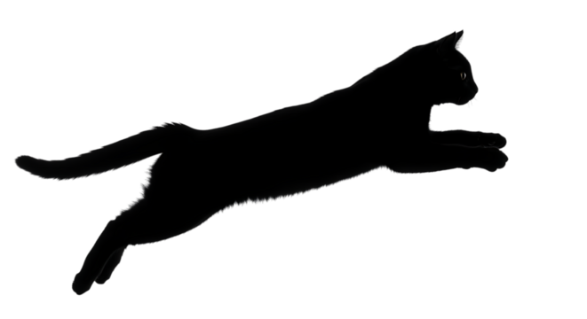Black cat, mid-leap with glowing yellow eyes and fluffy tail, PNG isolated on white or transparent background