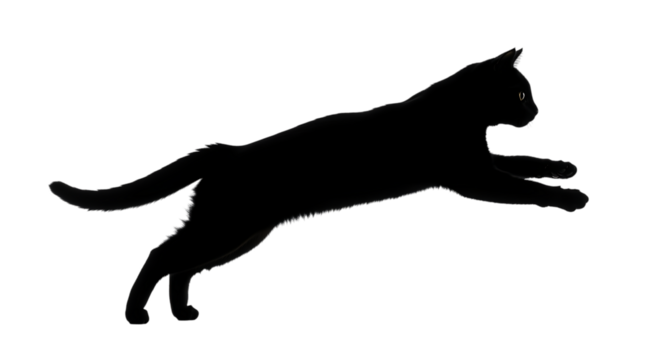 Black cat silhouette, in mid-air leap with glowing yellow eyes, PNG isolated on white or transparent background