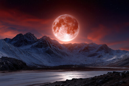 Dramatic moonrise over snow-capped mountains at twilight