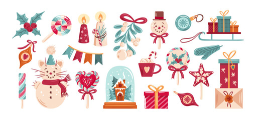 collection of festive Christmas-themed illustrations, various holiday elements. The illustrations are colorful and whimsical, featuring a mix of traditional and modern Christmas motifs.