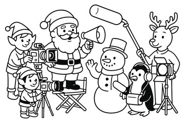 Santa and friends filming a christmas movie with cameras and microphones