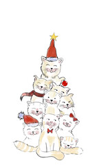 Cute Christmas cat tree illustration — festive digital holiday card with adorable kittens in Santa hats.