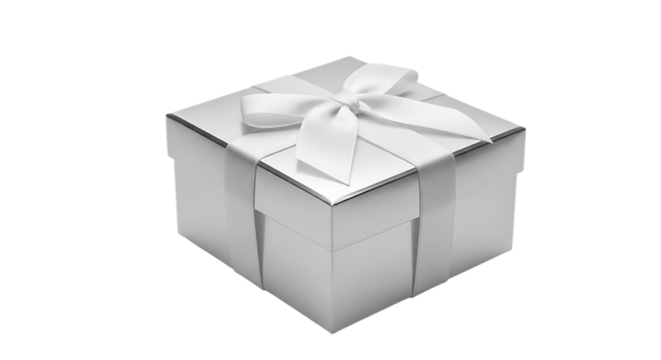 Silver gift box, with white ribbon and bow, PNG isolated on white or transparent background