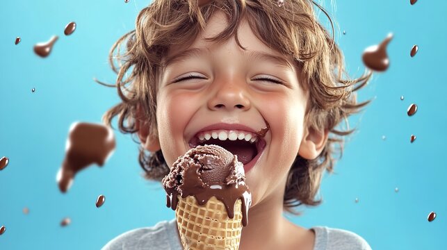 A joyful young boy with curly hair relishes a chocolate ice cream cone against a blue background - Powered by Adobe
