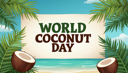 World Coconut Day celebration with tropical beach scene and coconuts