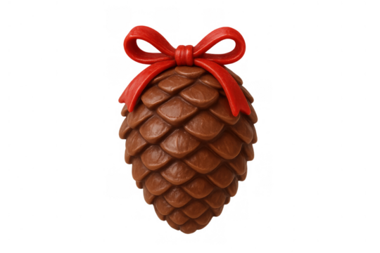 Pinecone shaped chocolate candy with red ribbon for christmas celebration, festive holiday decoration, 3d rendering