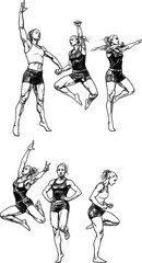 Dynamic female figure poses for anatomy reference, gesture drawing, motion study, sports illustration, fitness concept, vector art, stock design
