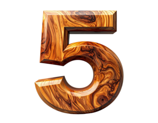 3d wooden number 5 on white background PNG