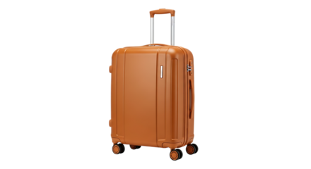 Orange hardshell rolling suitcase, with telescopic handle and combination lock, PNG isolated on white or transparent background