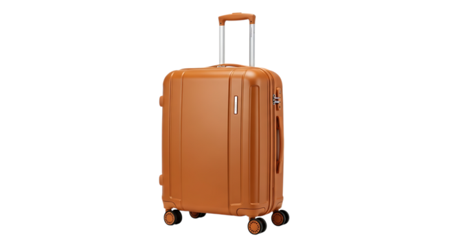 Orange hardshell rolling suitcase, with telescopic handle and combination lock, PNG isolated on white or transparent background