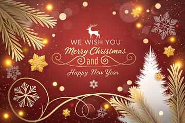 "Elegant Red and Gold Christmas and New Year Holiday Greeting Card with Festive Ornaments, Snowy Trees, and Sparkling Lights"