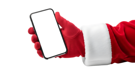 Santa Claus hand in red suit, holding a smartphone with blank screen, PNG isolated on white or transparent background