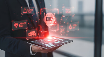AI, technology, and cybersecurity warnings displayed as red holograms above a tablet in businessman hand, future chatbot. Robot assistant, danger alert, privacy breach, and hacker ris