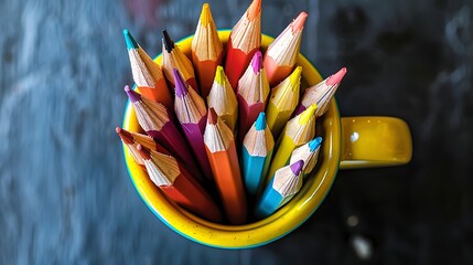 An overhead perspective showcasing a beautiful array of brightly colored pencils gathered within a sunny yellow ceramic mug
