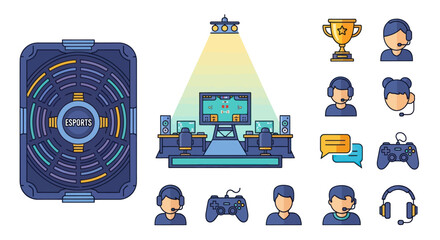 Esports Gaming Icons Set: Trophy Headsets Controllers and Player Avatars.