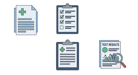 A collection of illustrated medical documents including patient charts checklists and lab test results.