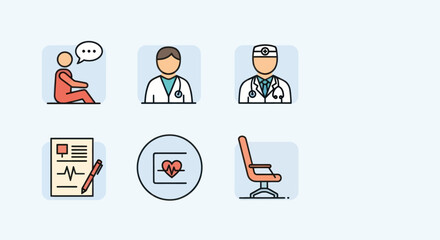 Medical Icons Set: Patient Doctor Report Heart and Chair.