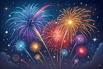 "Spectacular Night Sky Extravaganza: A Symphony of Colorful Fireworks Exploding Above a Cloud-Kissed Horizon"