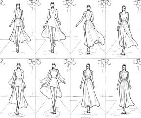 Stylized fashion runway sketches in blue line art, elegant dress designs for haute couture, fashion illustration, and designer portfolio content