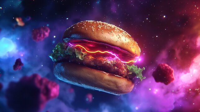 A cosmic burger floats among asteroids in a colorful nebula, blending fast food with the vastness of space