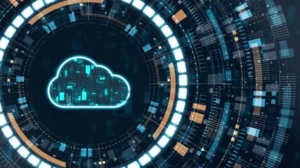 Motion graphic of glowing cloud icon with rotating HUD elements representing cloud computing and futuristic data network.